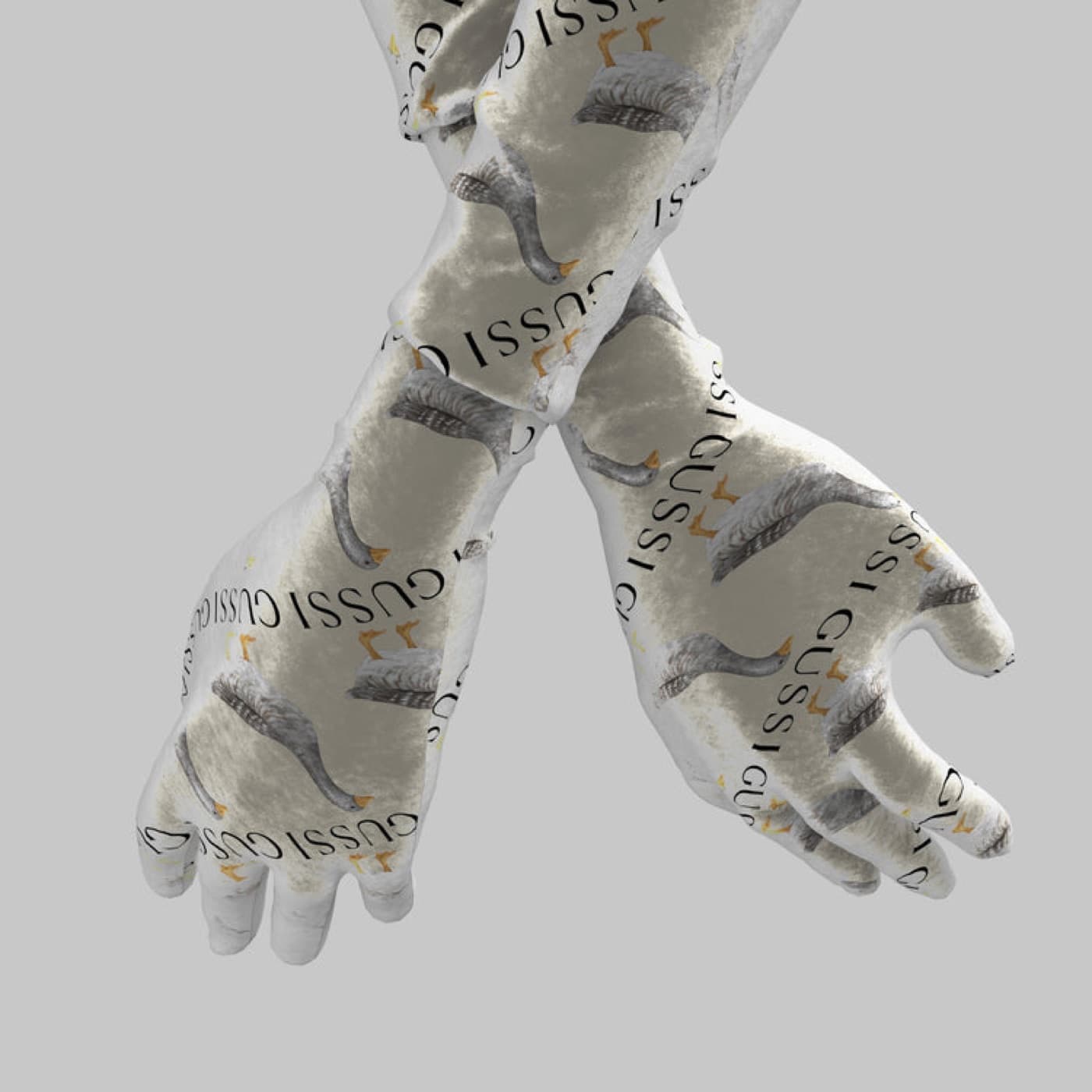 GUSSI sleeve gloves, detail of the goose print